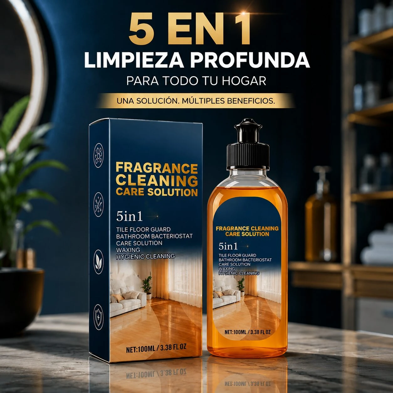 Botella transparente con líquido ámbar y etiqueta azul que muestra "Fragrance Cleaning Care Solution" y "5in1", junto a su caja azul con texto dorado, sobre superficie de mármol en interior moderno.