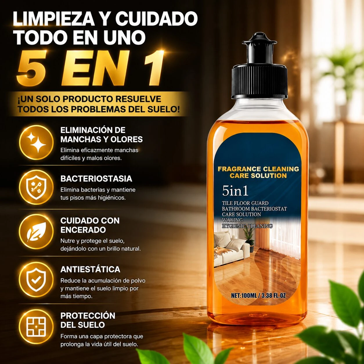 Botella de 100 ml de solución de limpieza 5 en 1 para pisos, con etiqueta azul y naranja, sobre superficie brillante con hojas verdes al frente.