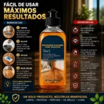 Botella transparente con líquido ámbar, etiqueta azul que indica "Fragrance Cleaning Care Solution 5in1", capacidad de 1000ml, fondo oscuro con ilustraciones de uso y advertencias en español.