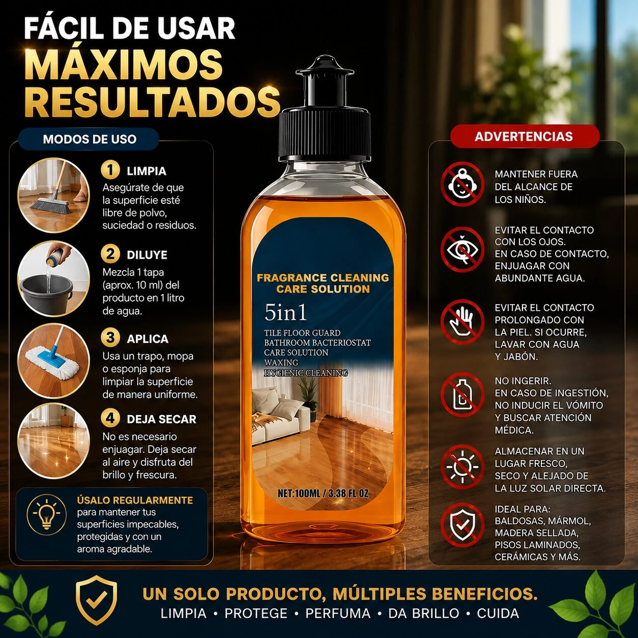 Botella transparente con líquido ámbar, etiqueta azul que indica "Fragrance Cleaning Care Solution 5in1", capacidad de 1000ml, fondo oscuro con ilustraciones de uso y advertencias en español.
