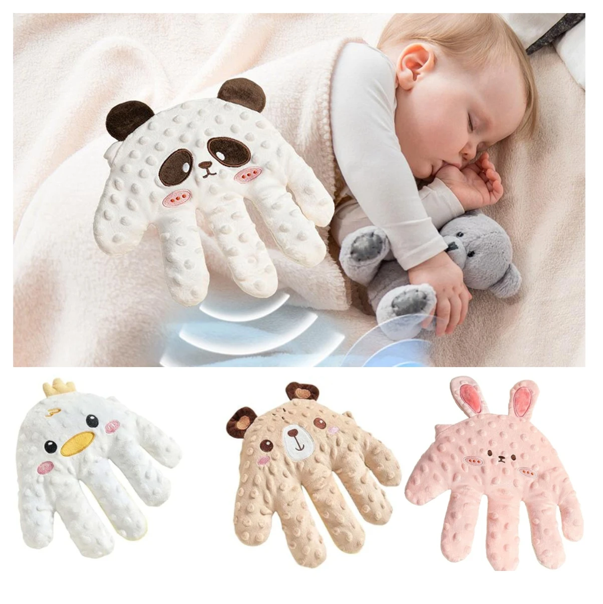 Almohada inteligente Mano Arrulla para bebé en color blanco con diseño de panda, mostrando textura de puntos y forma de mano. Incluye variante en tonos beige y rosa con diseños de oso y conejo.