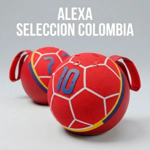 Parlante Bluetooth esférico rojo con diseño de balón de fútbol, número 10 en azul y detalles en amarillo y azul, con asas laterales para transporte.