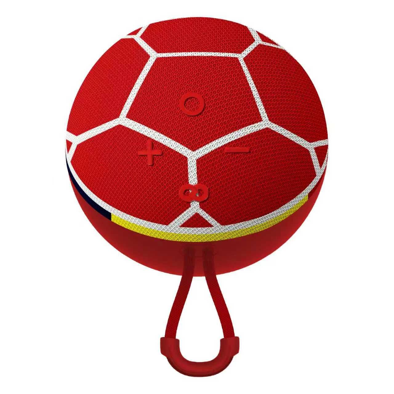 Parlante inalámbrico en forma de balón de fútbol rojo con detalles blancos, amarillo y azul, controles visibles y asa colgante.