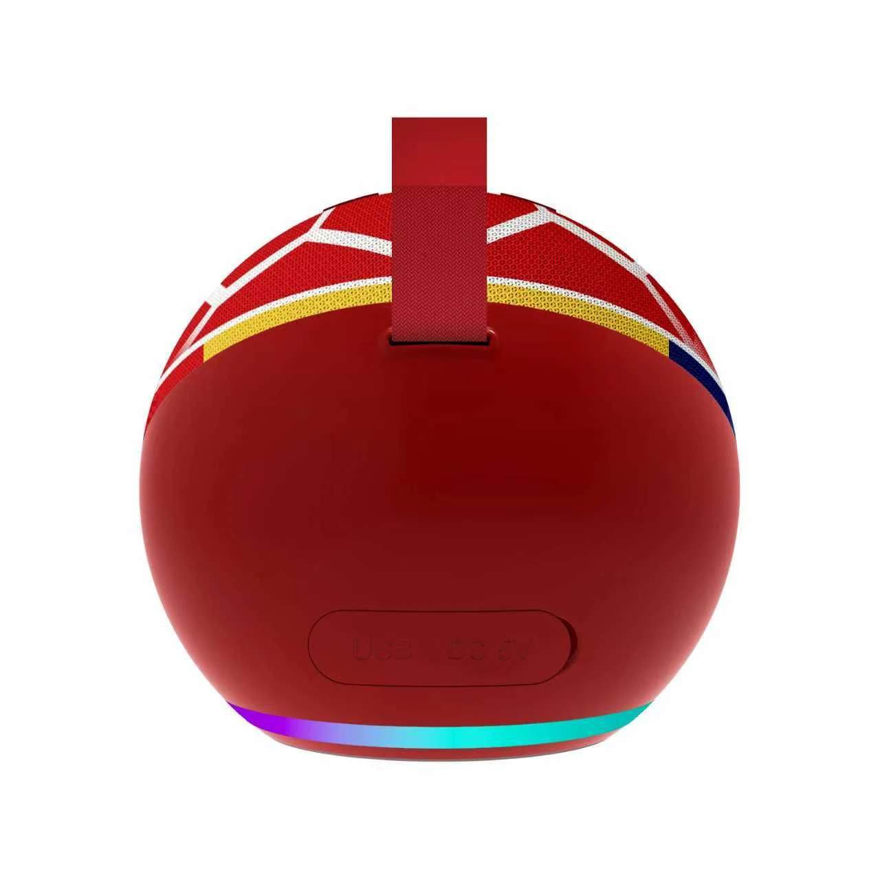 Parlante inalámbrico esférico en rojo con detalles de la selección Colombia, incluye asa superior y luces LED multicolor en base.