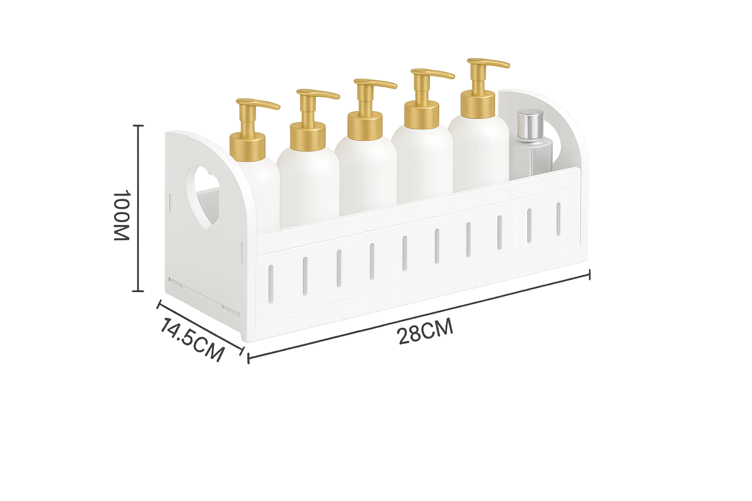 Organizador baño plástico blanco ventilado con cinco dispensadores y un frasco, dimensiones 28x14,5x10 cm, ideal para encimera.