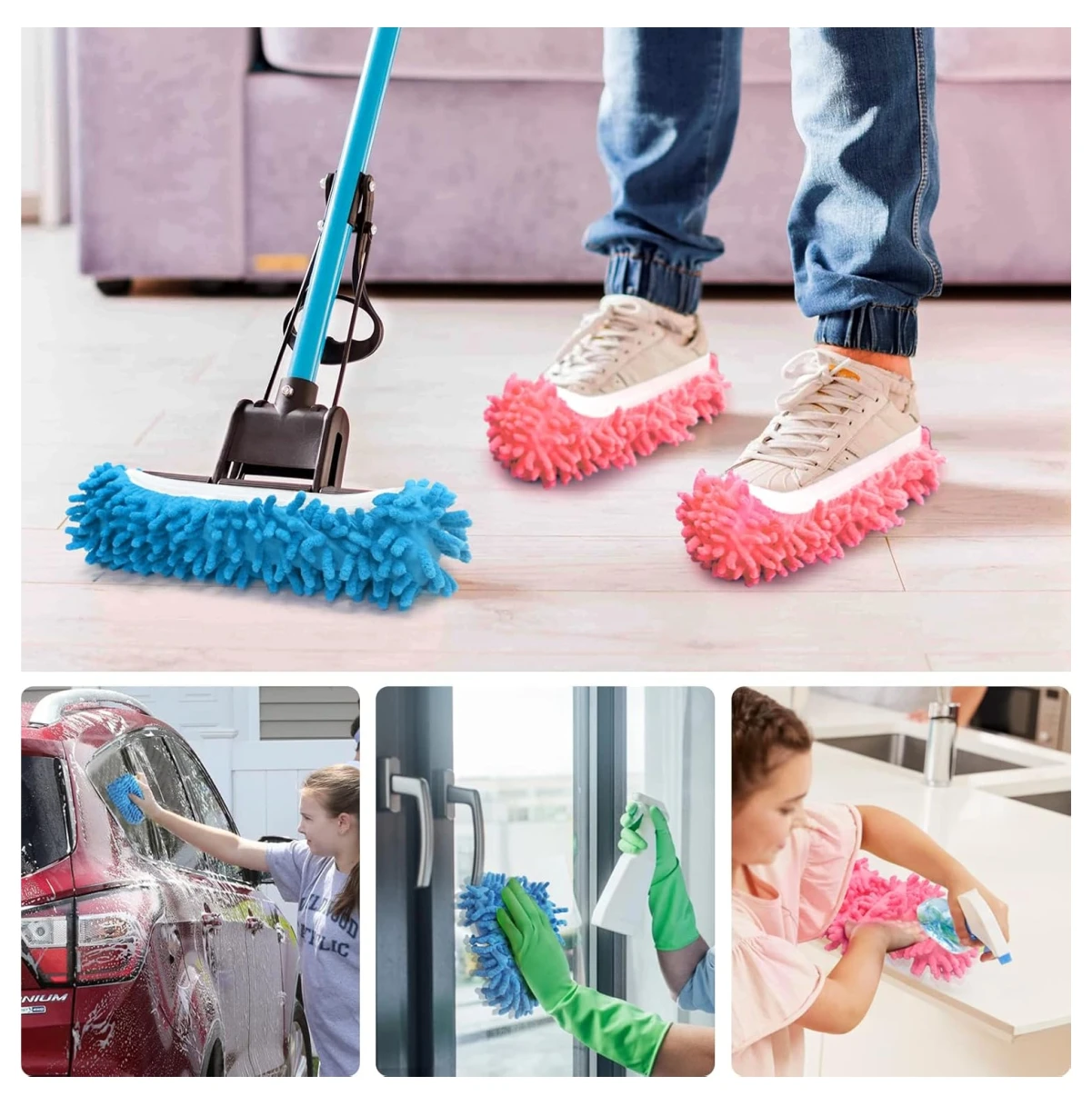 Zapatón de limpieza en microfibra azul y rosa, con mango telescópico, para recoger polvo y pelos de mascotas al caminar. Incluye tres escenas de uso: limpieza de auto, ventana y encimera.