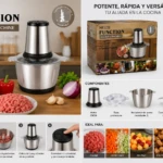 Procesador de alimentos eléctrico con motor de acero inoxidable, recipiente de 2 litros, cuchillas, tapa y base, ideal para picar carne, verduras y frutas.