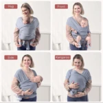 Fular portabebés ergonómico en color gris, mostrando cuatro posiciones de uso: abrazo frontal, frente, lateral y canguro, con bebé incluido en cada variante.