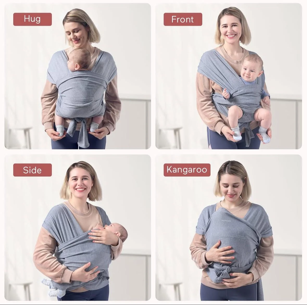 Fular portabebés ergonómico en color gris, mostrando cuatro posiciones de uso: abrazo frontal, frente, lateral y canguro, con bebé incluido en cada variante.