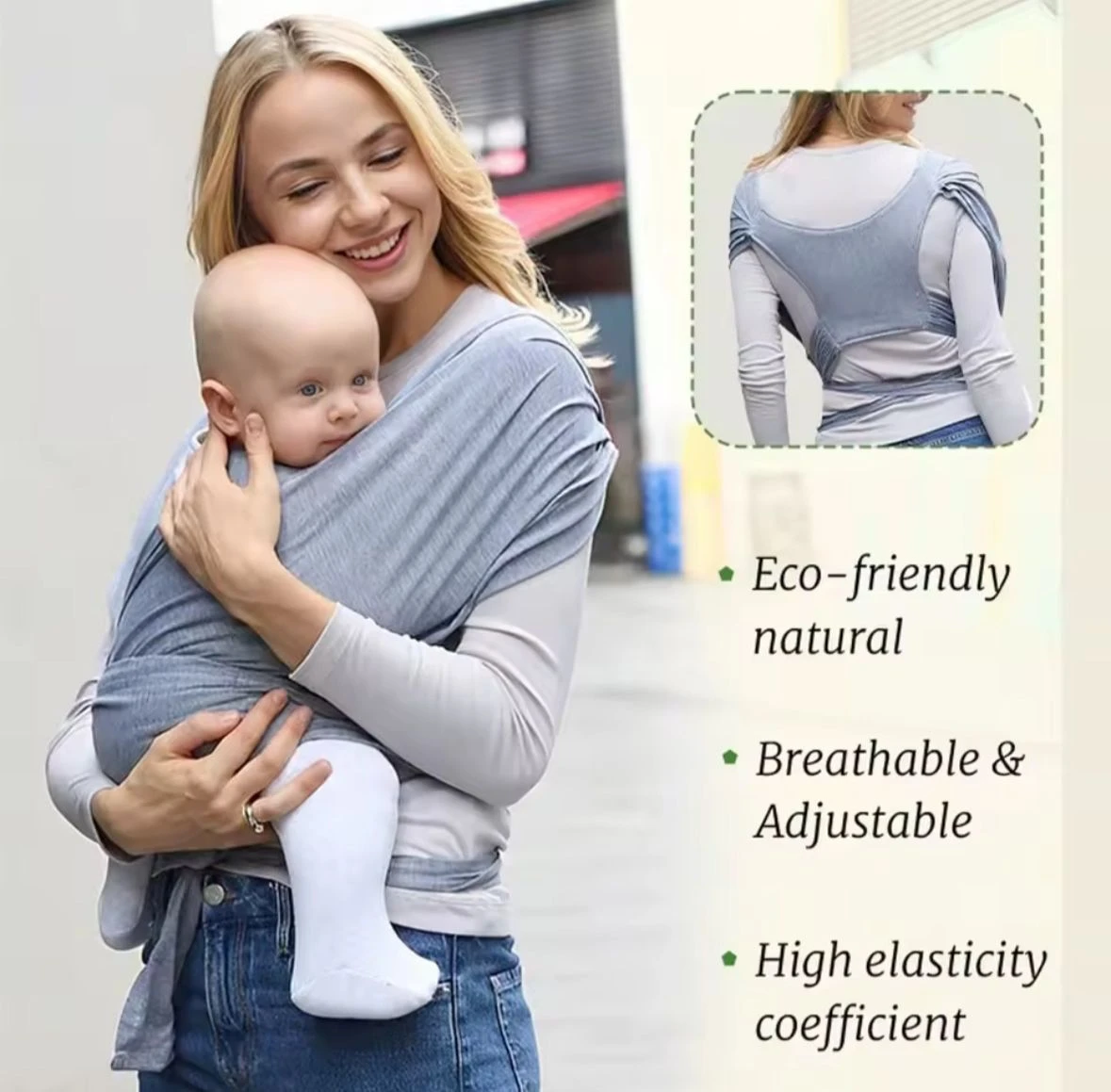 Mujer usando fular portabebés en color gris claro, con bebé en posición frontal. Incluye vista trasera mostrando ajuste ergonómico. Tela elástica y transpirable.
