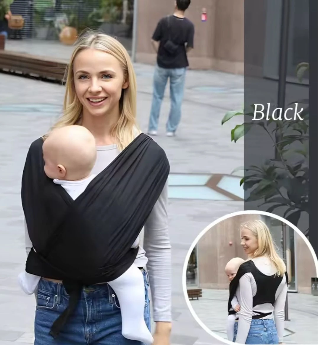 Mujer usando fular portabebés negro de viscosa elástica, con bebé en posición ergonómica; variante color negro visible en inserto circular.