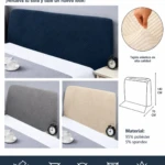 Funda elástica para cabecero en azul marino, gris y beige. Tejido estirable de alta calidad, 140 cm de alto. Incluye detalles de textura, uso en cama y medidas.