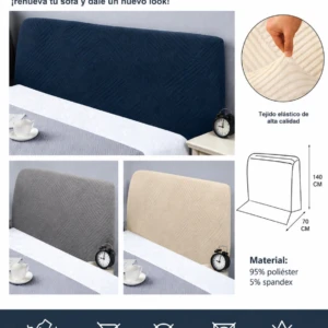 Funda elástica para cabecero en azul marino, gris y beige. Tejido estirable de alta calidad, 140 cm de alto. Incluye detalles de textura, uso en cama y medidas.