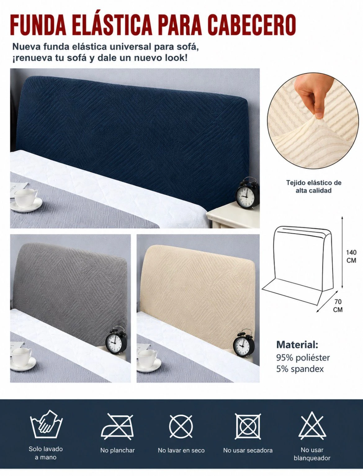 Funda elástica para cabecero en azul marino, gris y beige. Tejido estirable de alta calidad, 140 cm de alto. Incluye detalles de textura, uso en cama y medidas.