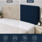 Funda elástica para cabecero de cama en color azul marino, mostrando contraste antes y después de su uso. Incluye detalles de protección contra polvo, manchas y desgaste, con diseño ajustable y textura resistente.
