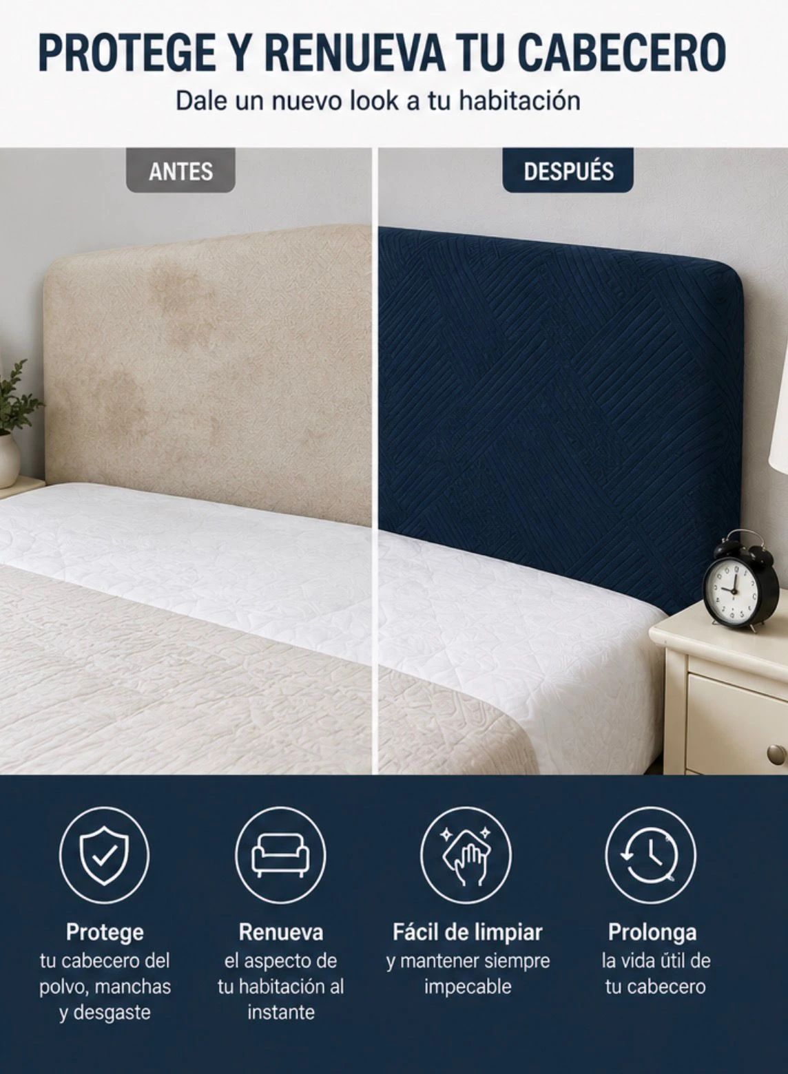 Funda elástica para cabecero de cama en color azul marino, mostrando contraste antes y después de su uso. Incluye detalles de protección contra polvo, manchas y desgaste, con diseño ajustable y textura resistente.