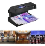 Detector de billetes falsos en color negro con luz UV y lupa, mostrando billetes de 20 y 50 libras siendo verificados.