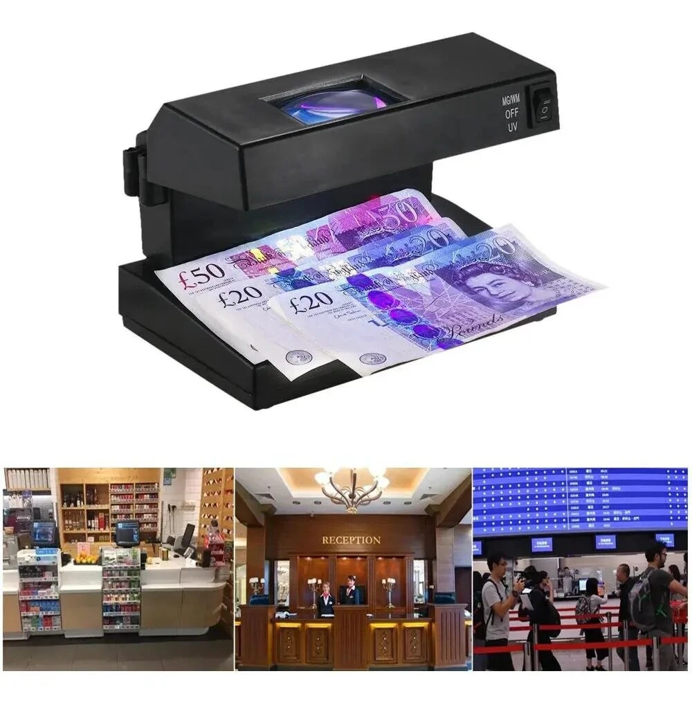 Detector de billetes falsos en color negro con luz UV y lupa, mostrando billetes de 20 y 50 libras siendo verificados.