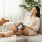 Mujer usando masajeador de rodilla gris con calor y compresión, sentado en sofá con manta blanca, ambiente hogareño.