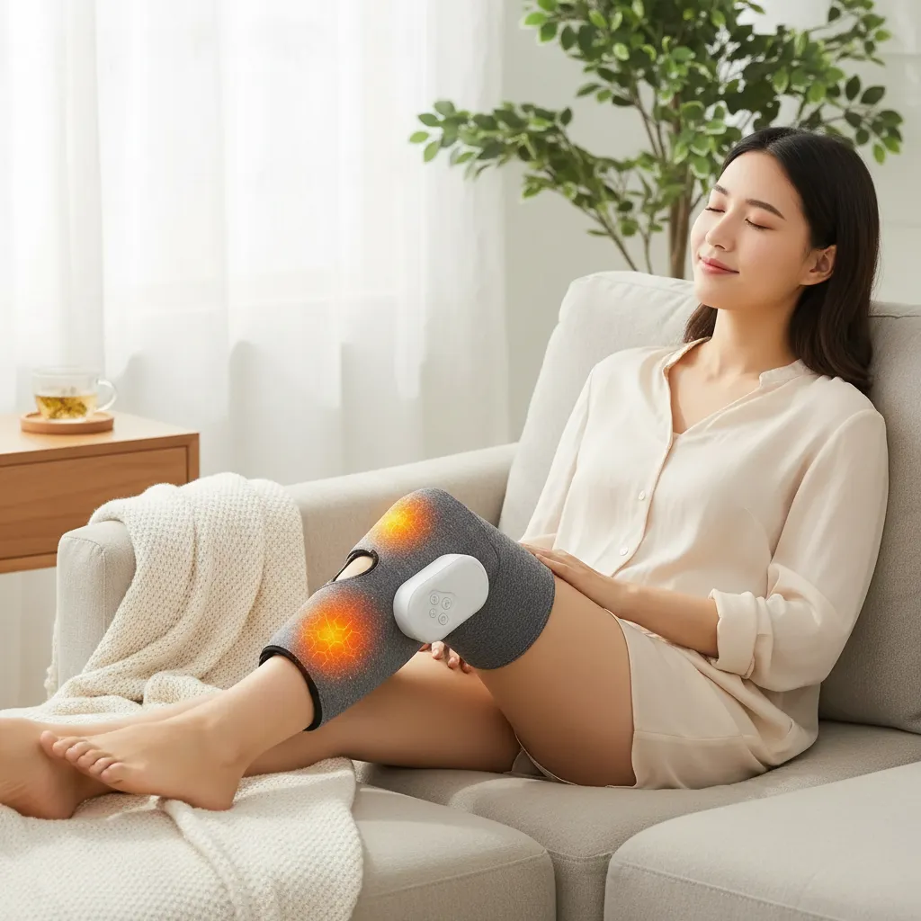 Mujer usando masajeador de rodilla gris con calor y compresión, sentado en sofá con manta blanca, ambiente hogareño.
