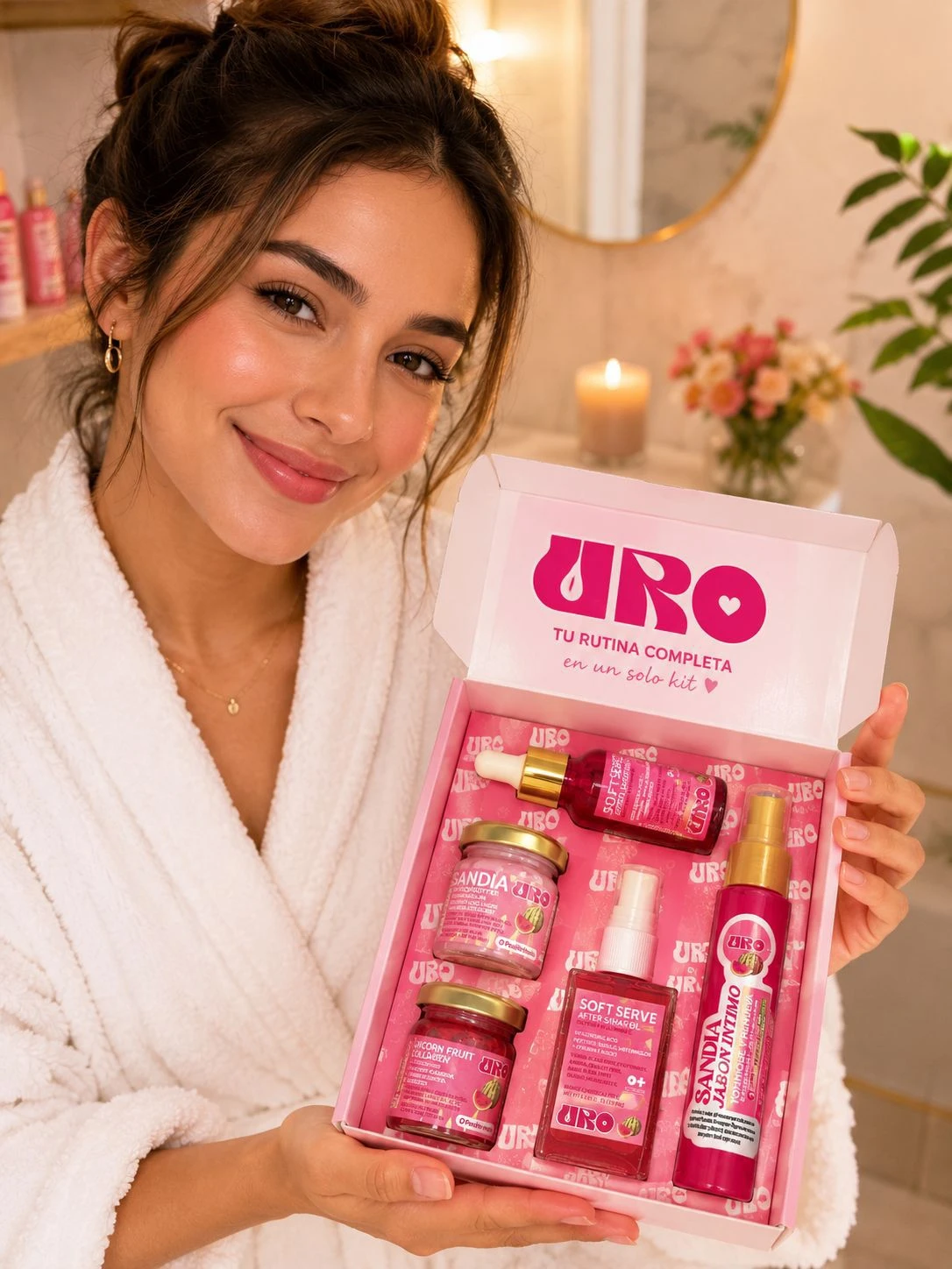 Mujer sonriendo en bata blanca sosteniendo caja rosa abierta con productos de cuidado íntimo y colágeno, incluyendo frascos, tubos y botellas con etiquetas visibles.