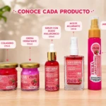 Kit de viaje con seis productos de cuidado personal en presentaciones compactas: frasco de colágeno, crema hidratante, suero con ácido hialurónico, aceite aclarante, jabón íntimo y spray refrescante, todos sobre superficie de madera clara.