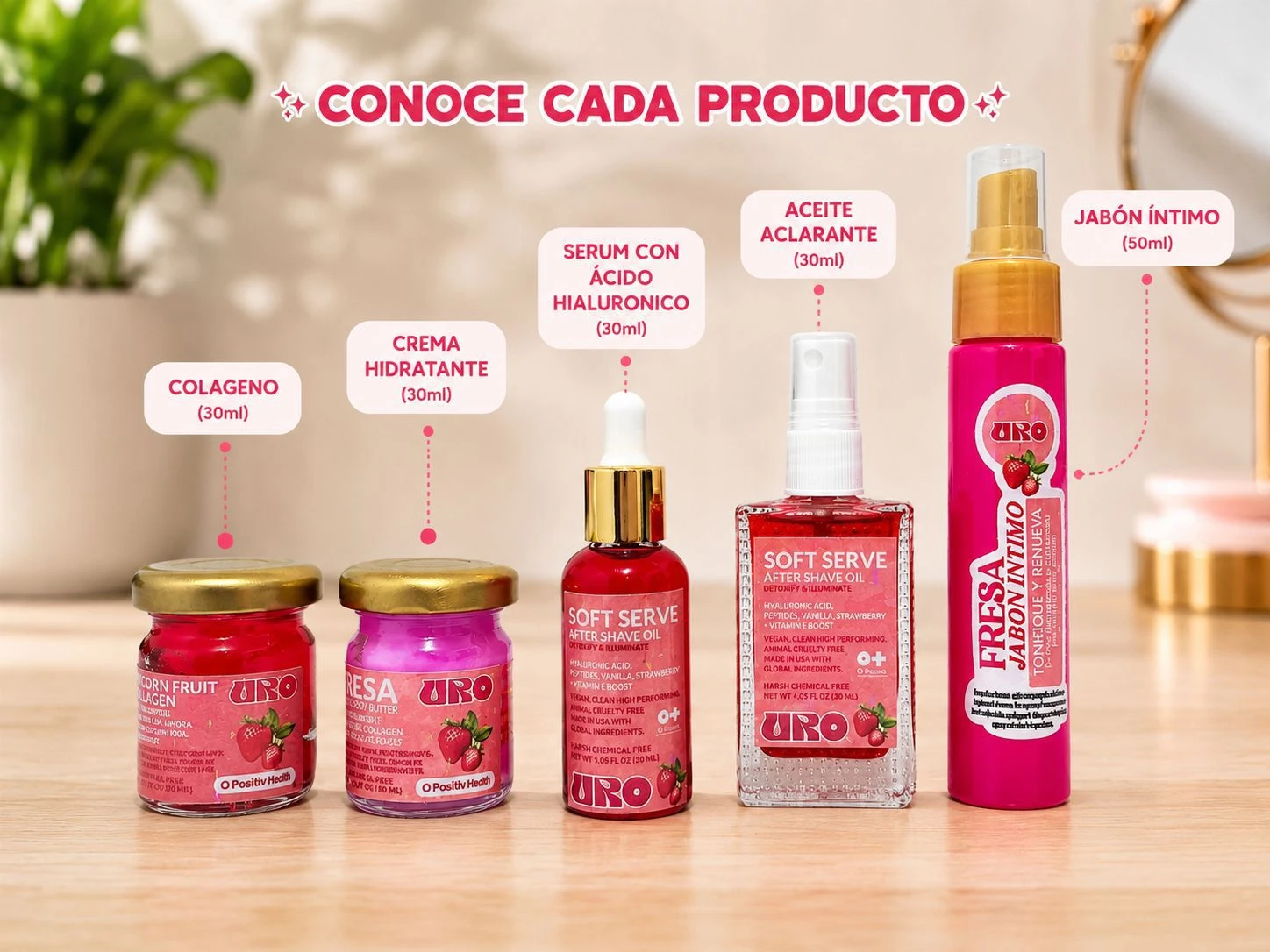 Kit de viaje con seis productos de cuidado personal en presentaciones compactas: frasco de colágeno, crema hidratante, suero con ácido hialurónico, aceite aclarante, jabón íntimo y spray refrescante, todos sobre superficie de madera clara.