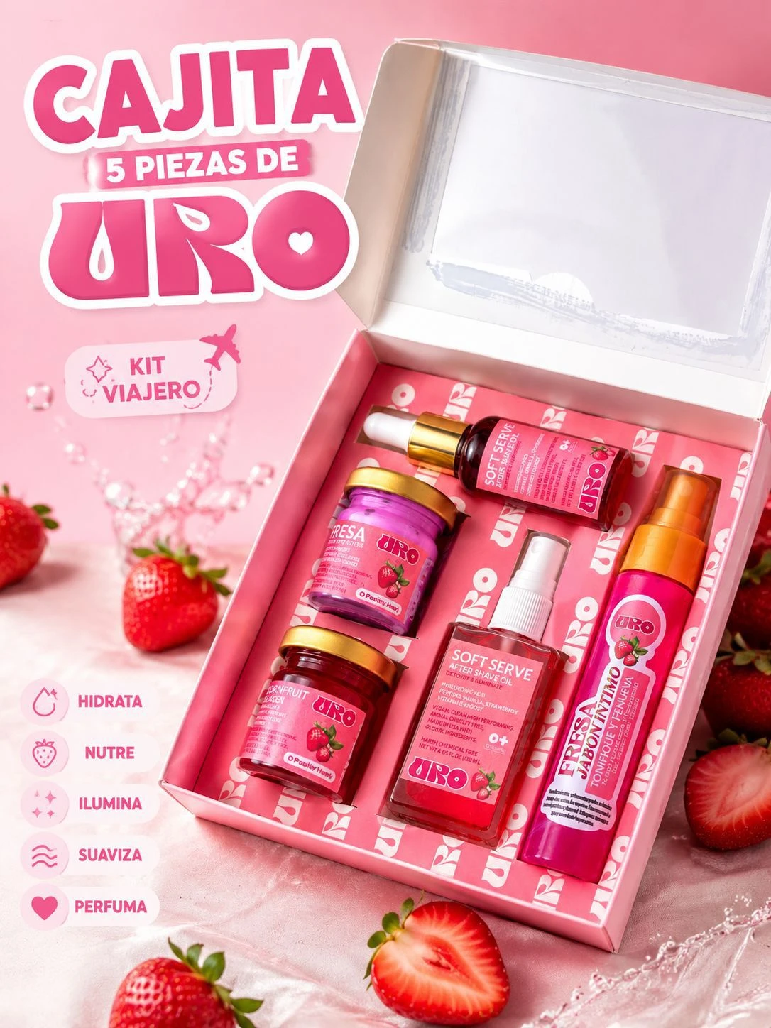 Caja rosa abierta mostrando cinco productos de cuidado personal: dos frascos con tapa dorada, un tubo, un spray y un envase cilíndrico, sobre fondo con fresas y texto en español.