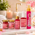 Kit de viaje con productos íntimos en tonos rosados, incluye dos frascos pequeños, dos botellas de jabón y un spray, dispuestos sobre superficie blanca con pétalos rosados.