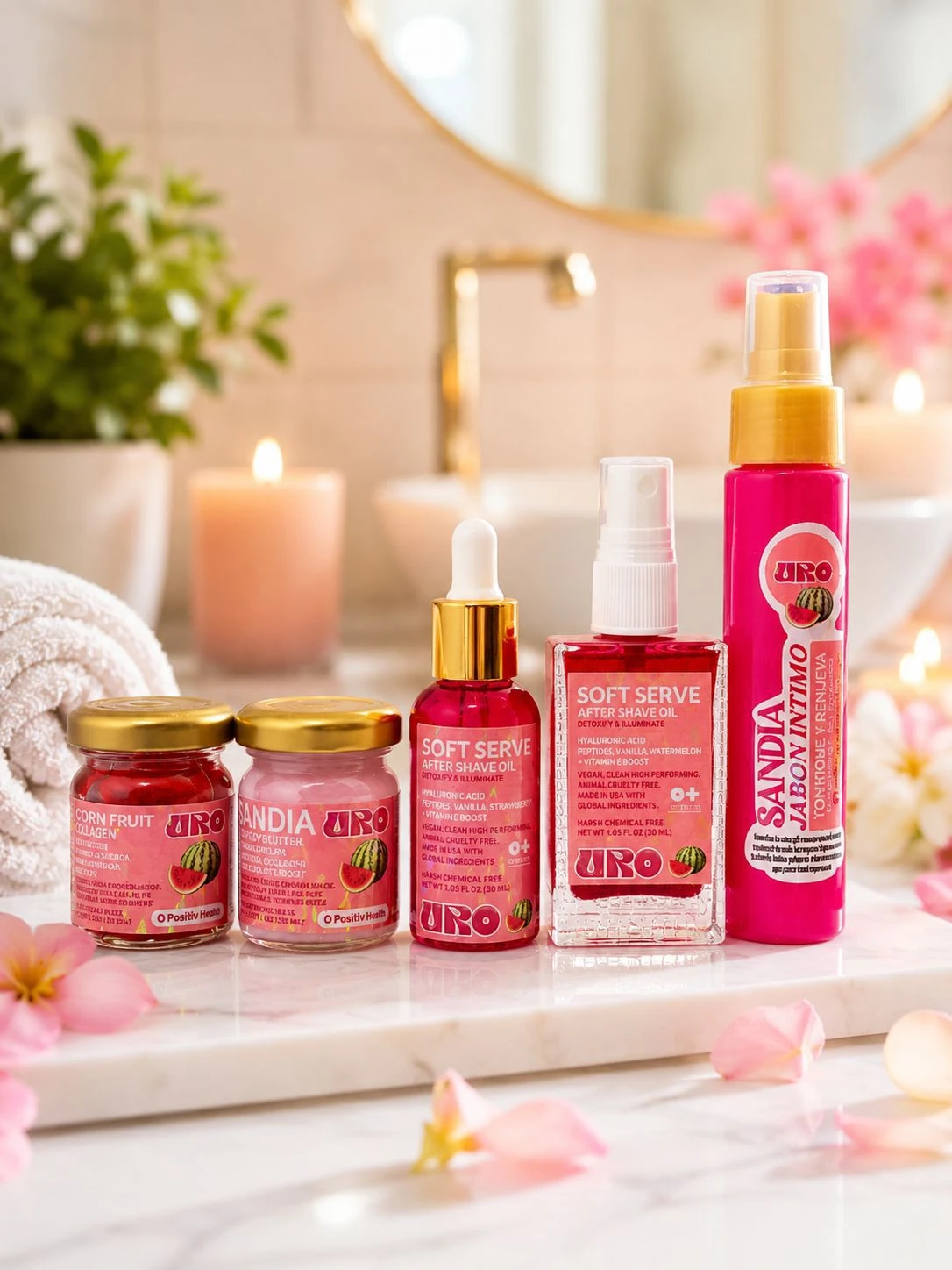 Kit de viaje con productos íntimos en tonos rosados, incluye dos frascos pequeños, dos botellas de jabón y un spray, dispuestos sobre superficie blanca con pétalos rosados.