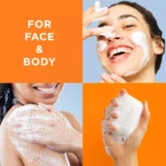 Jabón barra PanOxyl Acné 10% en uso sobre rostro y cuerpo, con espuma blanca y fondo naranja; muestra aplicación facial y corporal.