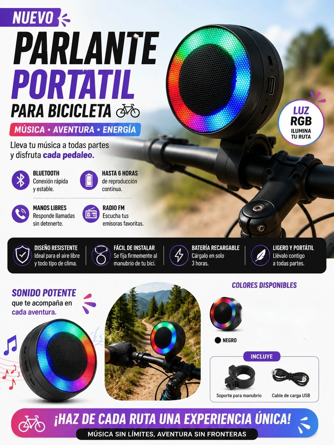 Parlante Bluetooth negro con luces LED RGB multicolor, montado en manillar de bicicleta, incluye soporte y cable USB.
