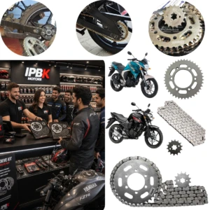 Kit arrastre completo para Yamaha FZ 16 y FZ 2.0, con cadena, piñón y corona en metal pulido, mostrado en detalle junto a motos y en exhibición en tienda IPBK Motors.
