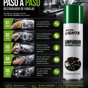 Botella de limpiador de faros Motorlights con tapa verde, etiqueta blanca y texto negro; incluye instrucciones paso a paso en panel lateral.