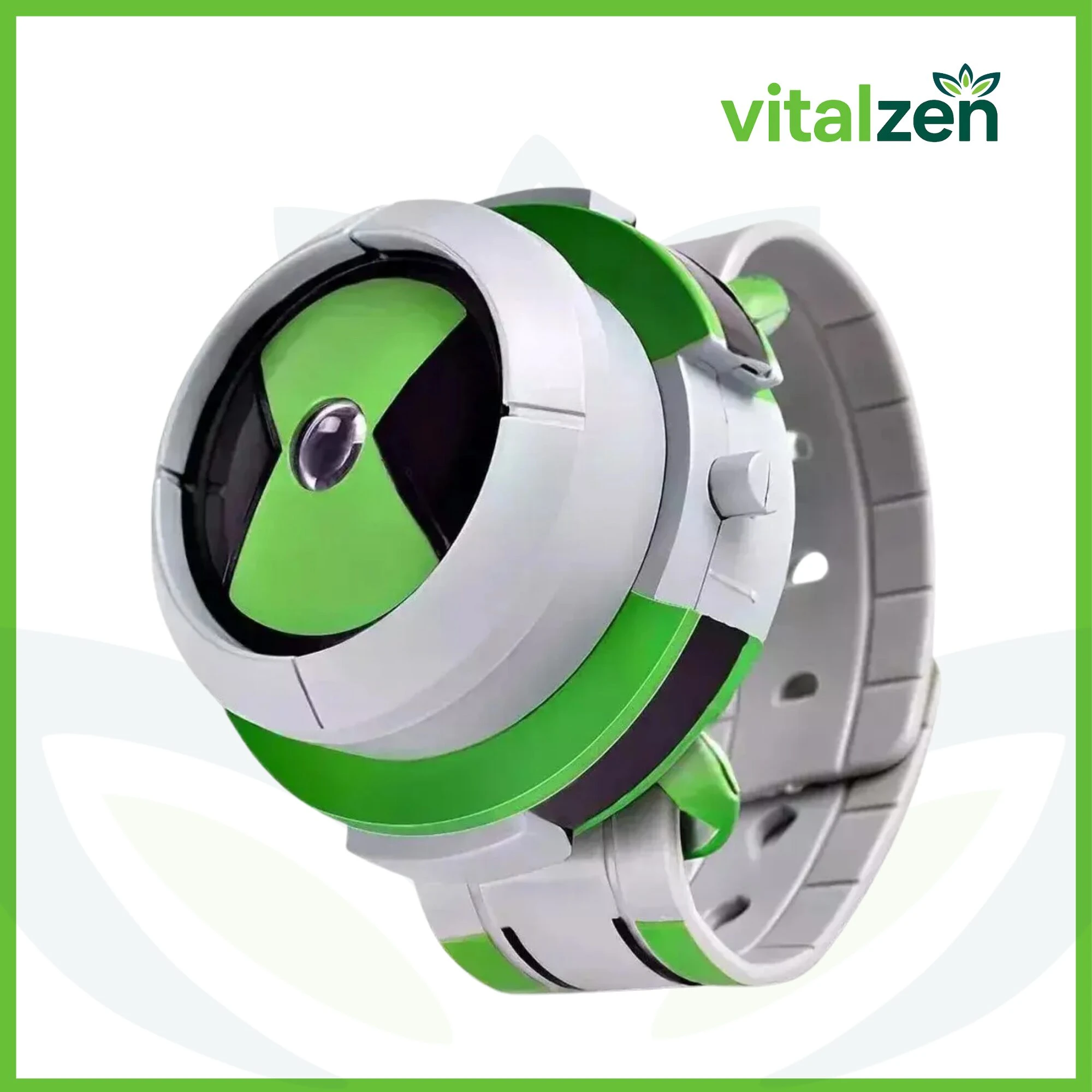 Reloj de juguete temático Ben 10 en color verde y blanco, con diseño circular y detalles en negro, mostrando la correa ajustable y el logotipo de la marca en la esquina superior derecha.