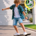Niño con reloj temático Ben 10 en muñeca, mostrando diseño verde y blanco con círculo central, sobre fondo urbano con skate.