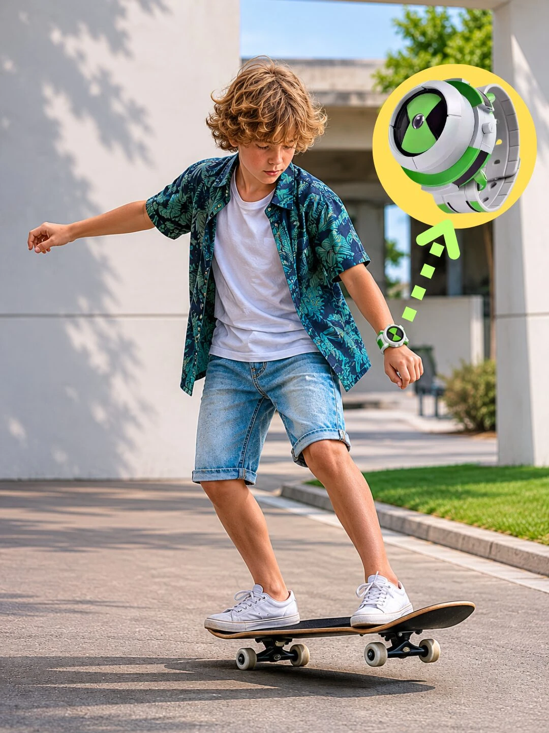 Niño con reloj temático Ben 10 en muñeca, mostrando diseño verde y blanco con círculo central, sobre fondo urbano con skate.