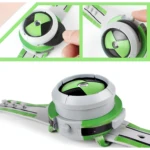 Reloj de juguete Ben 10 con diseño verde y gris, mostrando detalles del dial giratorio y correa con textura de circuito.