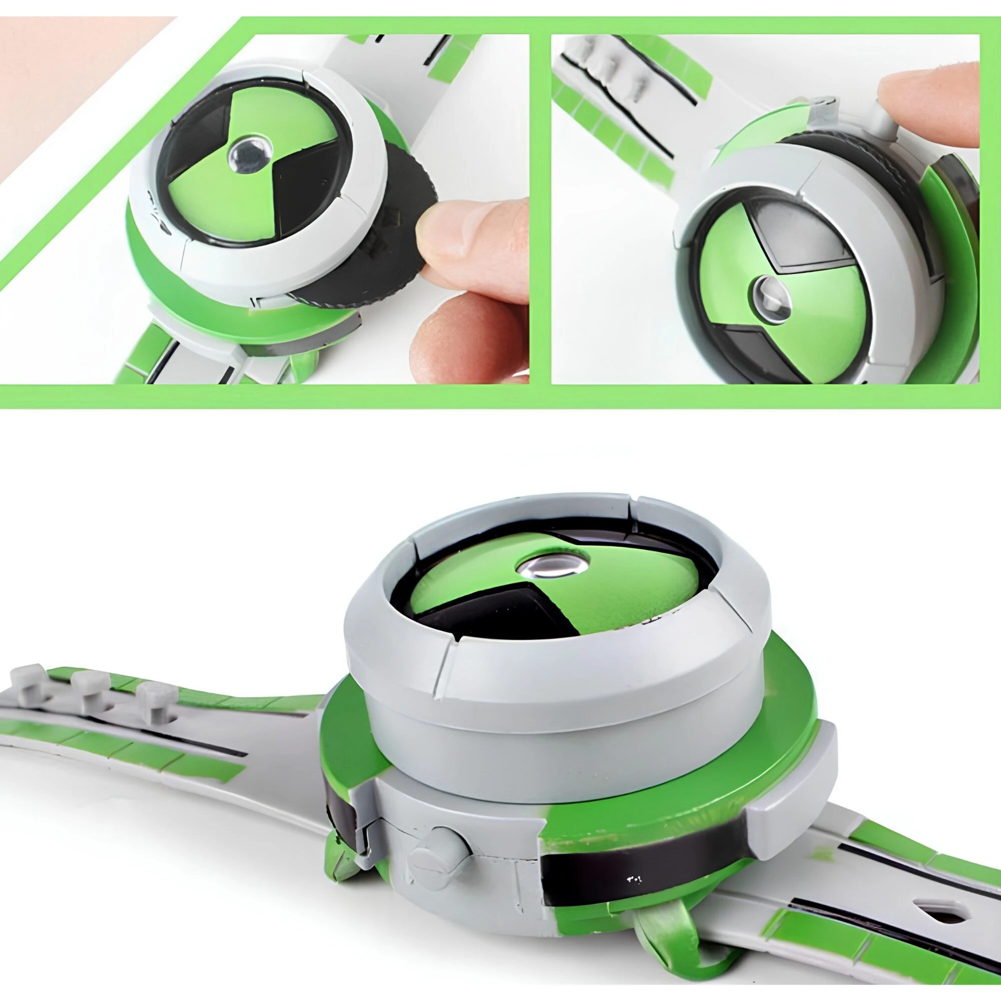 Reloj de juguete Ben 10 con diseño verde y gris, mostrando detalles del dial giratorio y correa con textura de circuito.