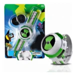 Reloj de juguete Ben 10 en su empaque original, con detalles en verde y blanco, acompañado de accesorios adicionales visibles dentro del blister.