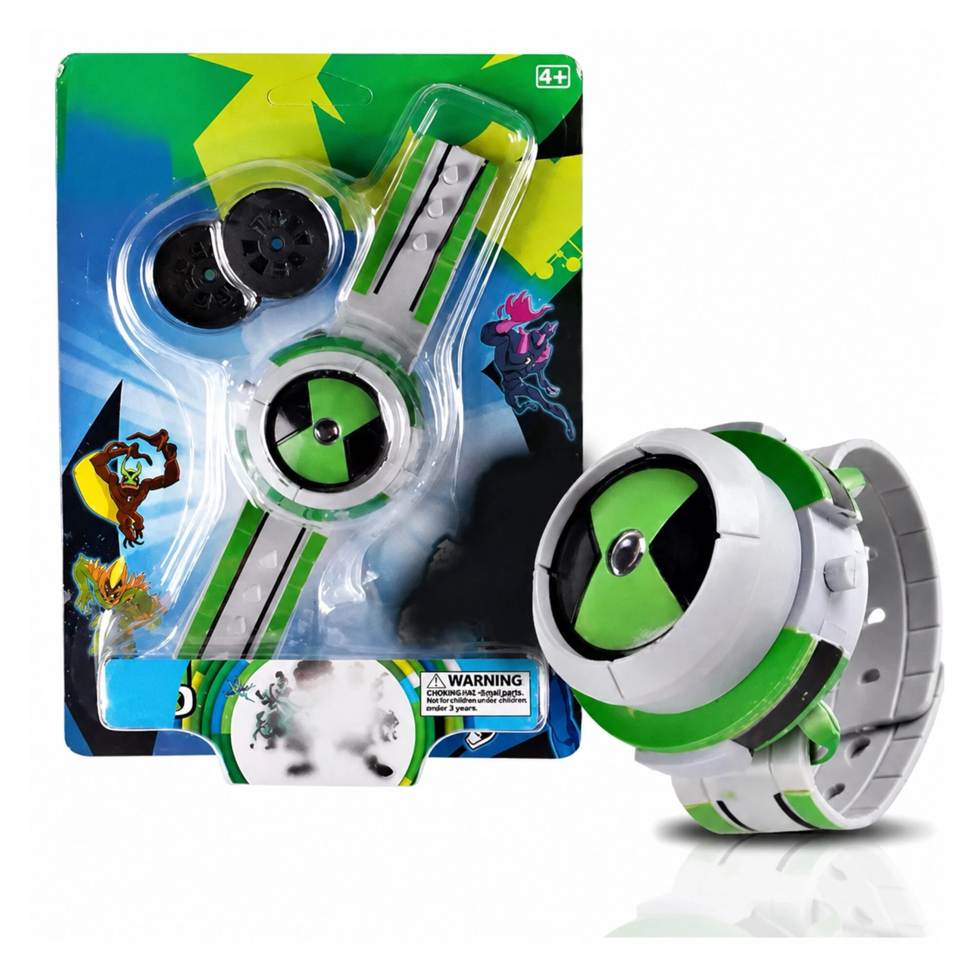 Reloj de juguete Ben 10 en su empaque original, con detalles en verde y blanco, acompañado de accesorios adicionales visibles dentro del blister.