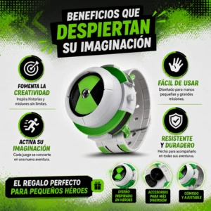 Reloj de juguete Ben 10 en color verde y blanco, con diseño circular y correa ajustable, acompañado de íconos que destacan sus beneficios para niños.