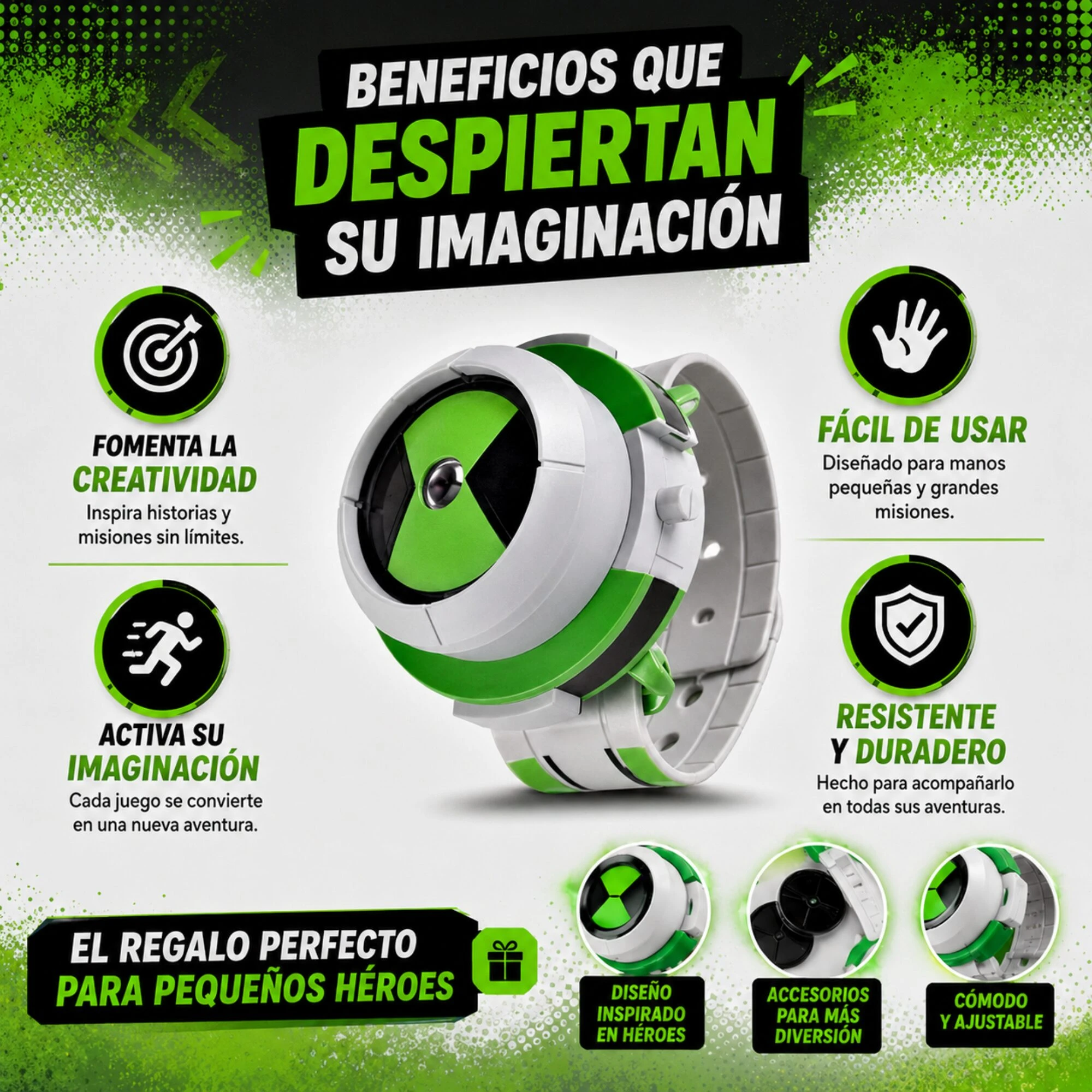 Reloj de juguete Ben 10 en color verde y blanco, con diseño circular y correa ajustable, acompañado de íconos que destacan sus beneficios para niños.