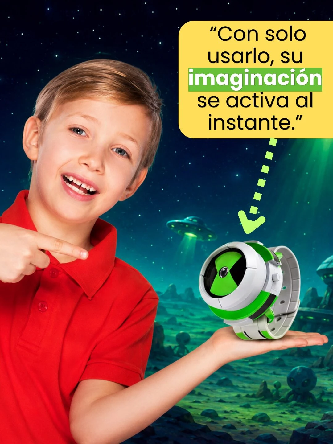 Niño sonriente en polo rojo sosteniendo reloj de juguete Ben 10 con detalles verdes y blancos, sobre fondo espacial con naves y planetas.