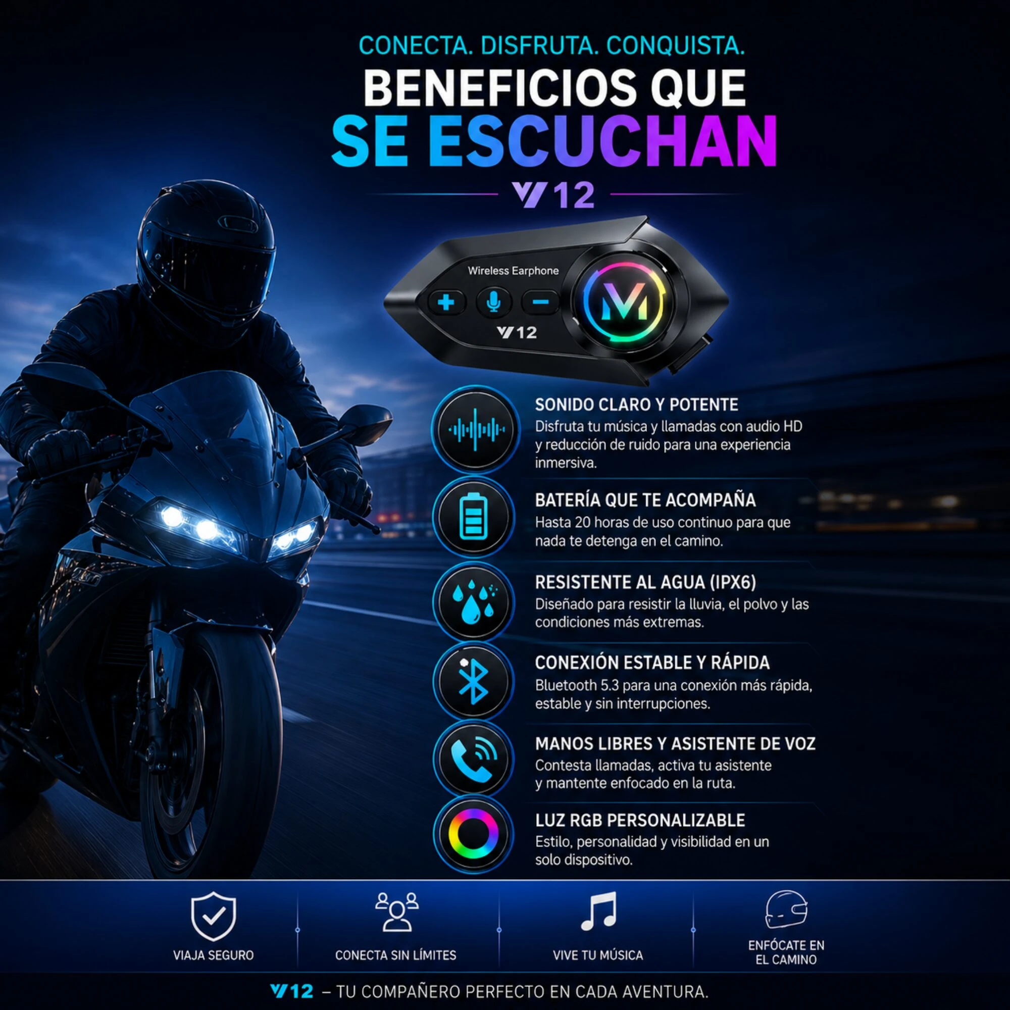 Intercomunicador Bluetooth V12 con luces RGB - Garantiza seguridad y comunicación manos libres