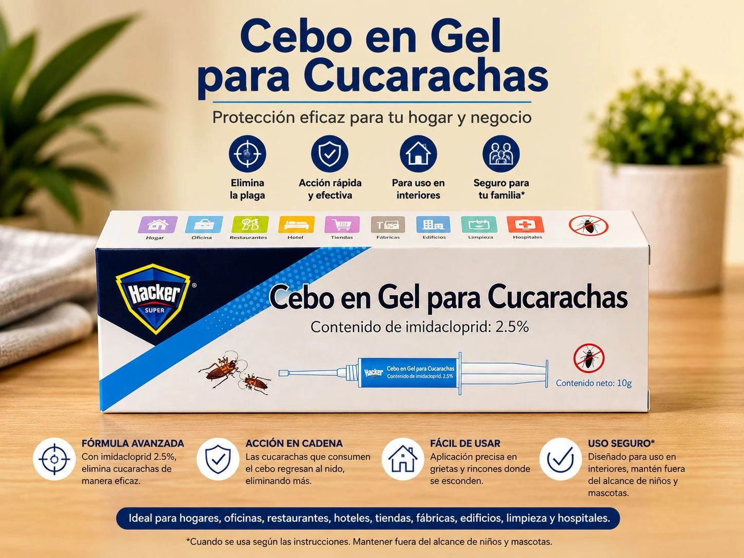 Caja de cebo en gel para cucarachas de la marca Hacker, con diseño azul y blanco, mostrando ilustraciones de insectos y detalles de uso seguro. Presentación individual de 30g, ideal para hogares y negocios.
