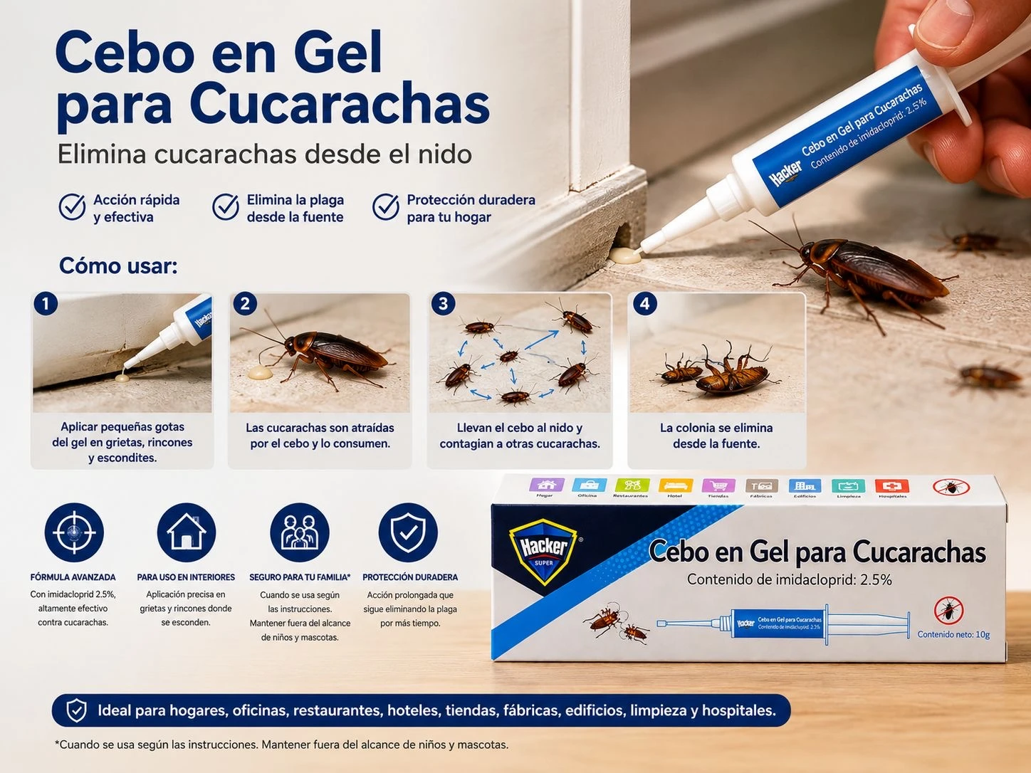 Tubo de cebo en gel para cucarachas de 10 g, con aplicador blanco y etiqueta azul, mostrando instrucciones de uso y caja del producto en primer plano.