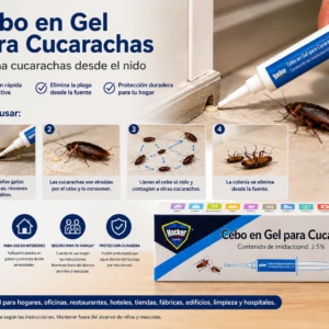 Tubo de cebo en gel para cucarachas de 18 g, con aplicador blanco y etiqueta azul, mostrando instrucciones de uso y caja del producto sobre superficie de madera clara.