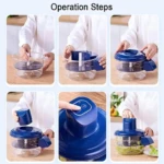 Instrucciones de uso del pelador automático inalámbrico para uvas y ajo, mostrando ensamblaje y operación con recipientes transparentes y tapa azul.