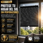 Persiana enrollable negra con ventosas, instalada en ventana de aluminio, bloqueando luz solar y calor sin perforaciones.